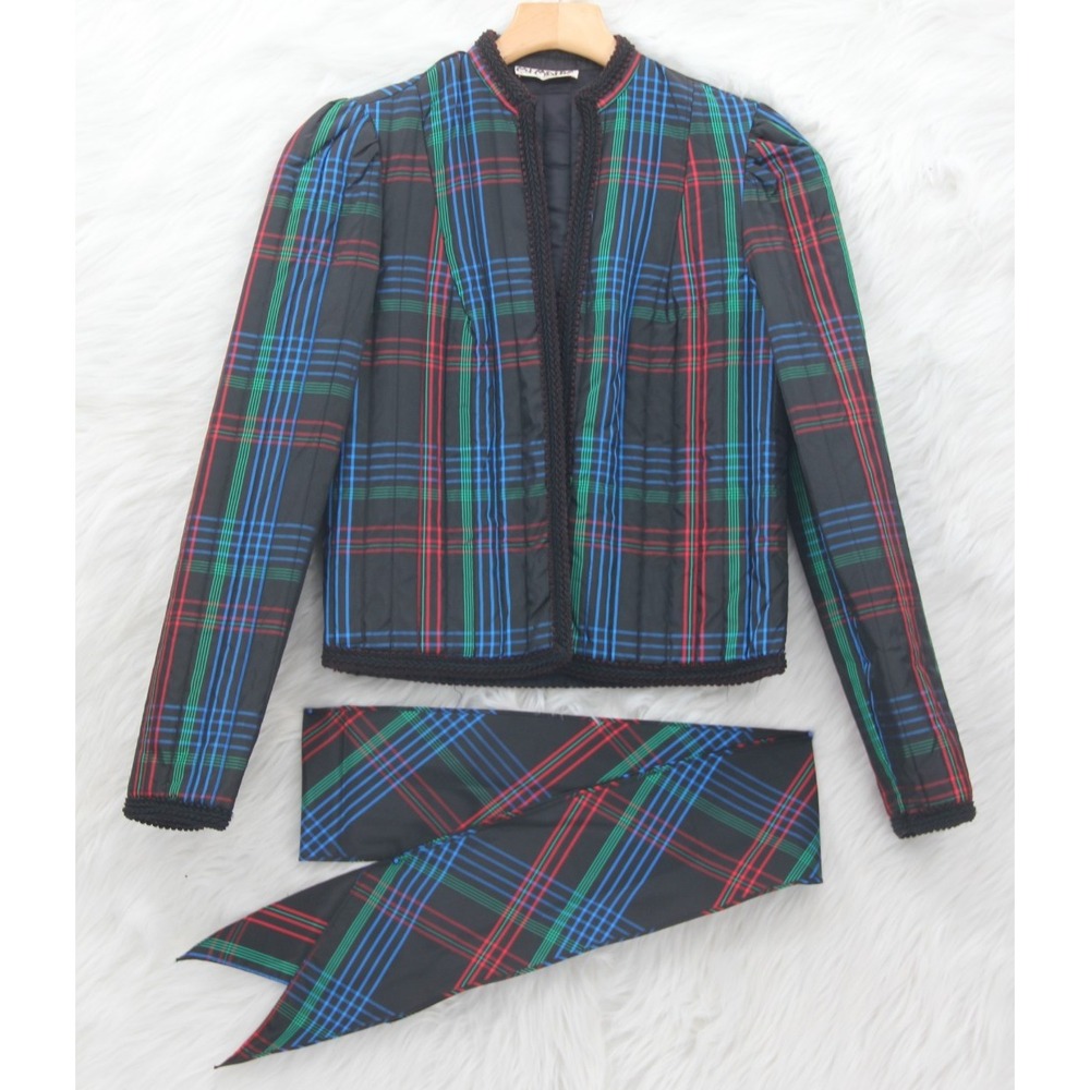Vintage 70s MALBE Women's Sz 6 Plaid Quilted Holiday Jacket Sash Party Old Money